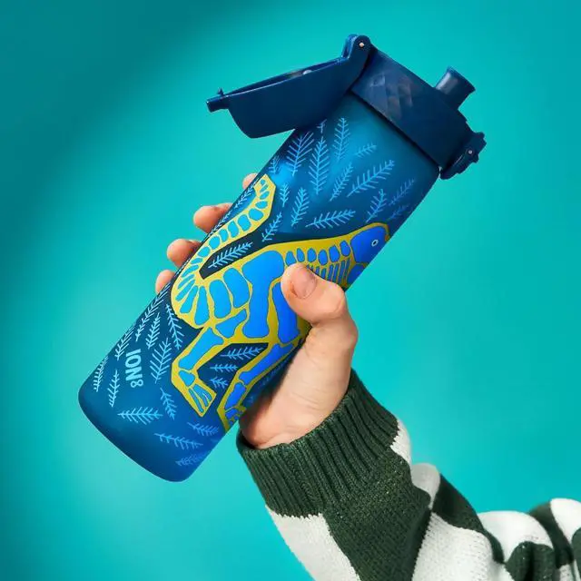 Alt view image 3 of 7 - ION8 Water Bottle, 500 ml/18 oz, Leak Proof, Easy to Open, Secure Lock, Dishwasher Safe, BPA Free, Hygienic Flip Cover, Carry Handle, Easy Clean, Odor Free, Carbon Neutral, Deep Teal, Dinosaurs Design