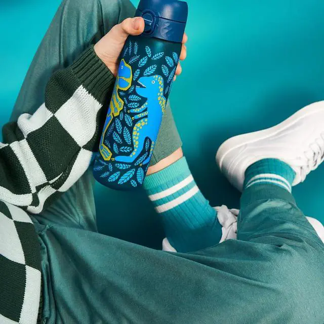 Alt view image 2 of 7 - ION8 Water Bottle, 500 ml/18 oz, Leak Proof, Easy to Open, Secure Lock, Dishwasher Safe, BPA Free, Hygienic Flip Cover, Carry Handle, Easy Clean, Odor Free, Carbon Neutral, Deep Teal, Dinosaurs Design