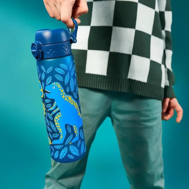 Alt view image 4 of 7 - ION8 Water Bottle, 500 ml/18 oz, Leak Proof, Easy to Open, Secure Lock, Dishwasher Safe, BPA Free, Hygienic Flip Cover, Carry Handle, Easy Clean, Odor Free, Carbon Neutral, Deep Teal, Dinosaurs Design