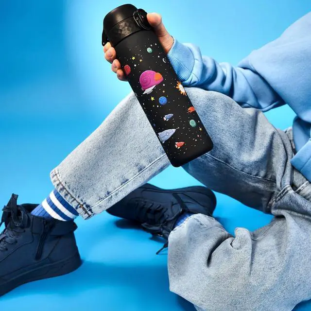 Alt view image 2 of 7 - Ion8 Water Bottle, 500 ml/18 oz, Leak Proof, Easy to Open, Secure Lock, Dishwasher Safe, BPA Free, Hygienic Flip Cover, Carry Handle, Easy Clean, Odor Free, Carbon Neutral, Black, Spaceships Design