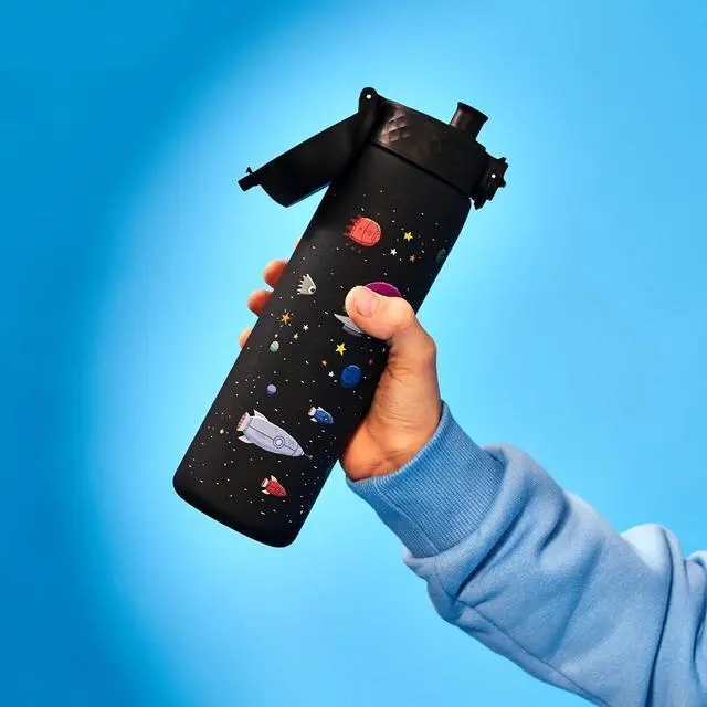 Alt view image 3 of 7 - Ion8 Water Bottle, 500 ml/18 oz, Leak Proof, Easy to Open, Secure Lock, Dishwasher Safe, BPA Free, Hygienic Flip Cover, Carry Handle, Easy Clean, Odor Free, Carbon Neutral, Black, Spaceships Design
