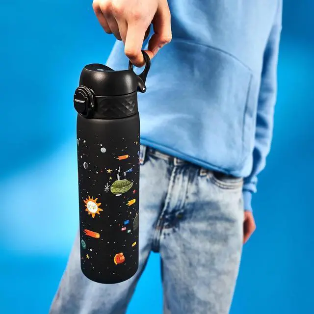 Alt view image 4 of 7 - Ion8 Water Bottle, 500 ml/18 oz, Leak Proof, Easy to Open, Secure Lock, Dishwasher Safe, BPA Free, Hygienic Flip Cover, Carry Handle, Easy Clean, Odor Free, Carbon Neutral, Black, Spaceships Design