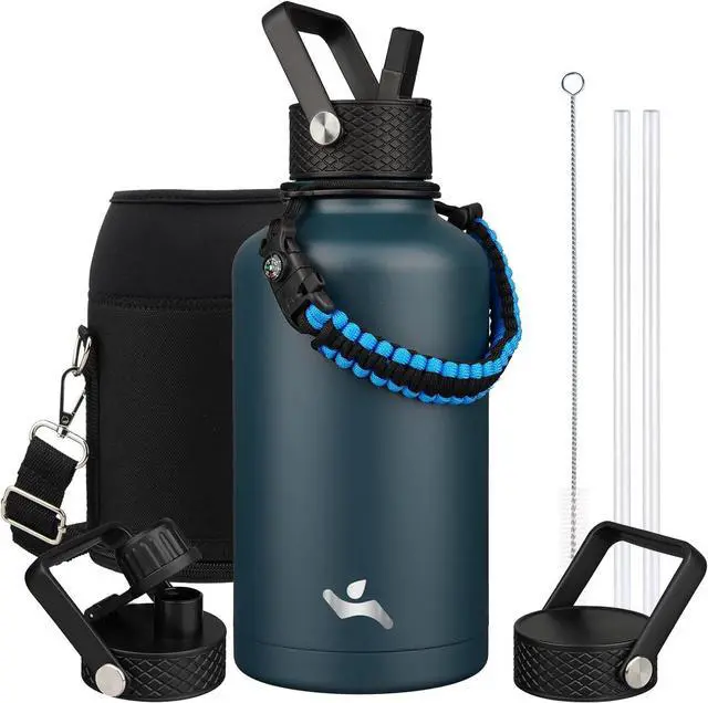 Main image of Half Gallon Insulated Water Bottle with Straw,64 oz 3 Lids Water Jug with Carrying Bag,Paracord Handle,Double Wall Vacuum Stainless Steel Metal Flask,Navy Blue