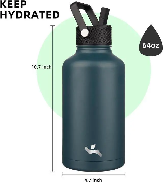 Alt view image 3 of 7 - Half Gallon Insulated Water Bottle with Straw,64 oz 3 Lids Water Jug with Carrying Bag,Paracord Handle,Double Wall Vacuum Stainless Steel Metal Flask,Navy Blue