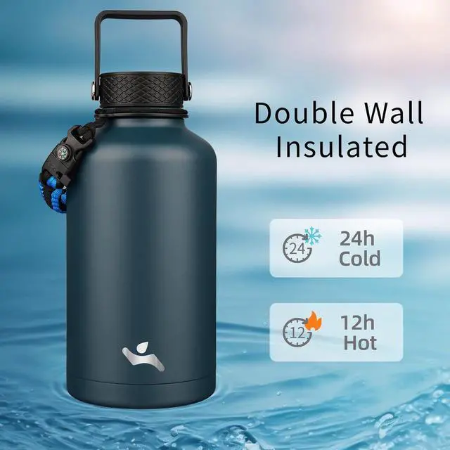 Alt view image 2 of 7 - Half Gallon Insulated Water Bottle with Straw,64 oz 3 Lids Water Jug with Carrying Bag,Paracord Handle,Double Wall Vacuum Stainless Steel Metal Flask,Navy Blue