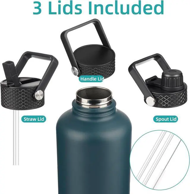 Alt view image 4 of 7 - Half Gallon Insulated Water Bottle with Straw,64 oz 3 Lids Water Jug with Carrying Bag,Paracord Handle,Double Wall Vacuum Stainless Steel Metal Flask,Navy Blue