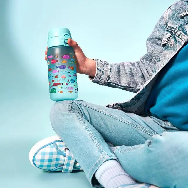Alt view image 2 of 7 - ION8 Small Water Bottle, 350 ml/12 oz, Leak Proof, Easy to Open, Secure Lock, Dishwasher Safe, BPA Free, Carry Handle, Hygienic Flip Cover, Easy Clean, Odor Free, Carbon Neutral, Blue, Fish Design