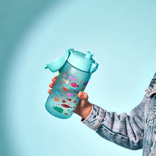 Alt view image 3 of 7 - ION8 Small Water Bottle, 350 ml/12 oz, Leak Proof, Easy to Open, Secure Lock, Dishwasher Safe, BPA Free, Carry Handle, Hygienic Flip Cover, Easy Clean, Odor Free, Carbon Neutral, Blue, Fish Design