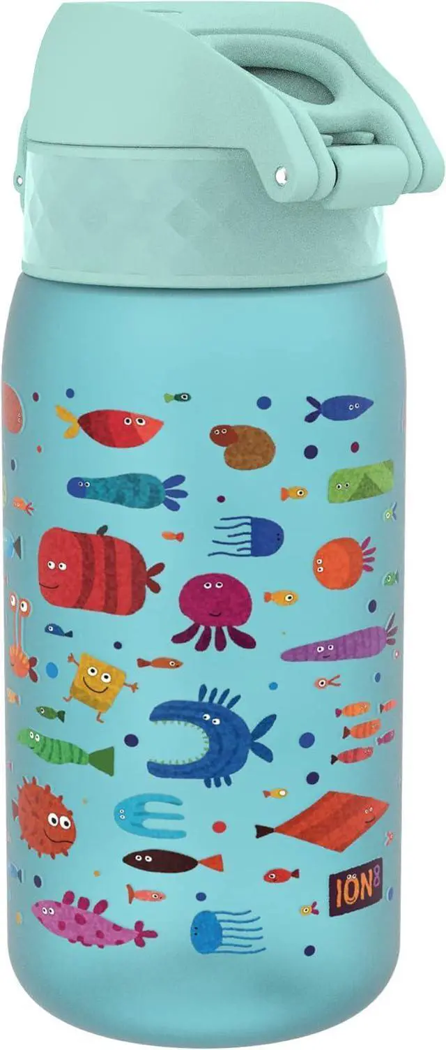 Alt view image 4 of 7 - ION8 Small Water Bottle, 350 ml/12 oz, Leak Proof, Easy to Open, Secure Lock, Dishwasher Safe, BPA Free, Carry Handle, Hygienic Flip Cover, Easy Clean, Odor Free, Carbon Neutral, Blue, Fish Design