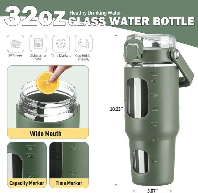 Alt view image 4 of 7 - BLUEGO 32oz Glass Tumbler with Lid and Handle, Iced Coffee Cup with Straws, Glass Water Bottle with Silicone Sleeve and Volume, Marker Glass Cup with Time Marking, BPA Free, Olive
