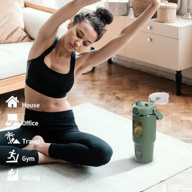 Alt view image 5 of 7 - BLUEGO 32oz Glass Tumbler with Lid and Handle, Iced Coffee Cup with Straws, Glass Water Bottle with Silicone Sleeve and Volume, Marker Glass Cup with Time Marking, BPA Free, Olive