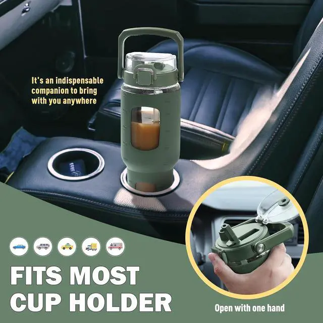 Alt view image 6 of 7 - BLUEGO 32oz Glass Tumbler with Lid and Handle, Iced Coffee Cup with Straws, Glass Water Bottle with Silicone Sleeve and Volume, Marker Glass Cup with Time Marking, BPA Free, Olive