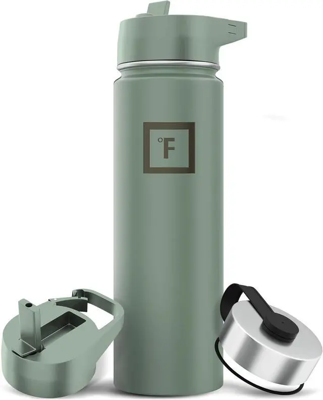 Main image of IRON °FLASK Camping & Hiking Hydration Flask with 3 Lids - Stainless Steel, Double Walled & Vacuum Insulated Water Bottle - Leak Proof & BPA Free (Sage, Straw - 22 oz)