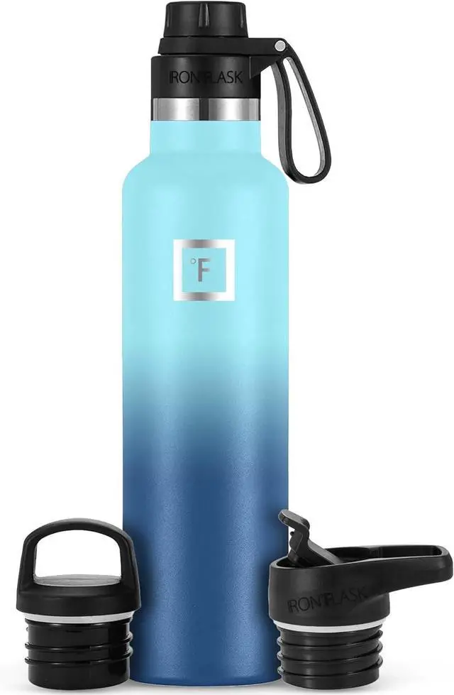 Main image of IRON °FLASK Camping & Hiking Hydration Canteens - 3 Lids (Narrow Spout Lid) Leak Proof Vacuum Insulated Stainless Steel - Hot & Cold Double Walled Sports Water Bottle - Blue Waves, 24 Oz