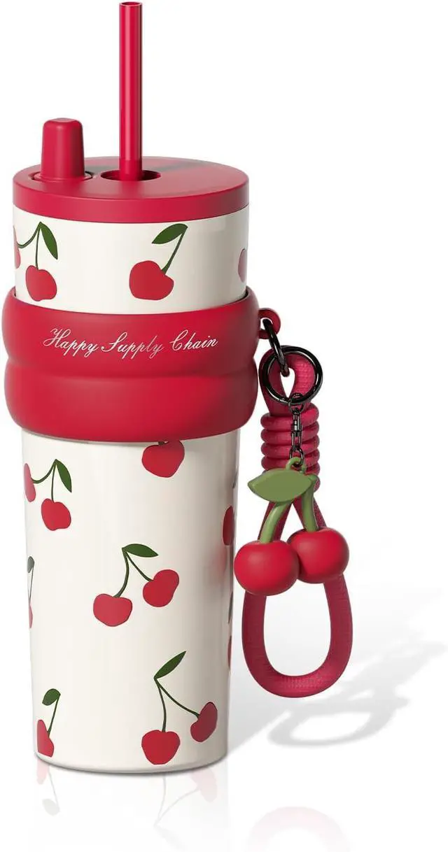 Main image of 24 OZ Stainless Steel Tumbler with Lid and Straw, Insulated Water Bottle Leak Proof for Hot and Cold, Portable Iced Travel Coffee Mug, Reusable Thermal Coffee Cup For Women Women, Cherry
