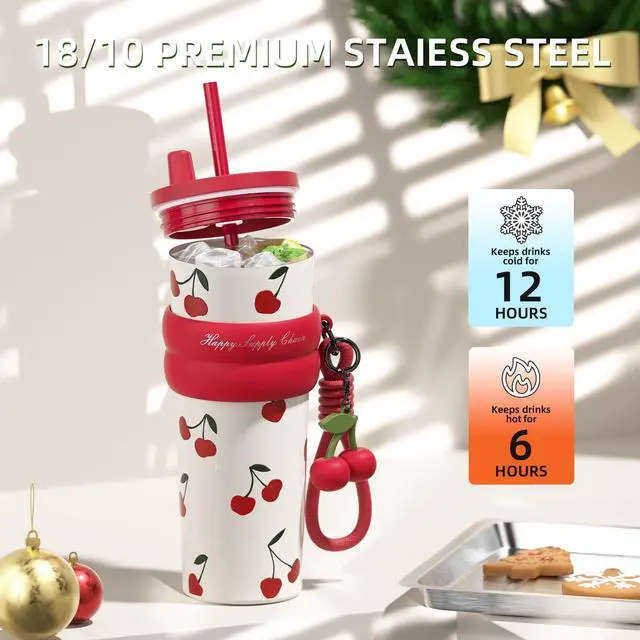 Alt view image 3 of 6 - 24 OZ Stainless Steel Tumbler with Lid and Straw, Insulated Water Bottle Leak Proof for Hot and Cold, Portable Iced Travel Coffee Mug, Reusable Thermal Coffee Cup For Women Women, Cherry