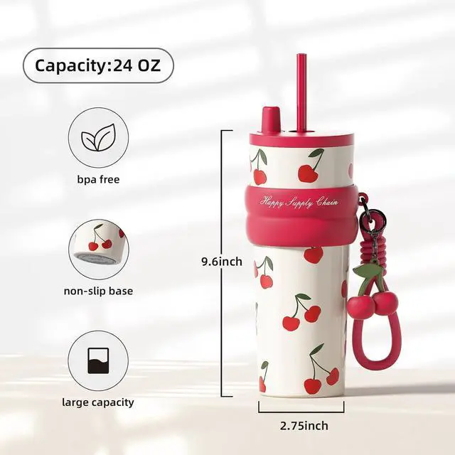 Alt view image 4 of 6 - 24 OZ Stainless Steel Tumbler with Lid and Straw, Insulated Water Bottle Leak Proof for Hot and Cold, Portable Iced Travel Coffee Mug, Reusable Thermal Coffee Cup For Women Women, Cherry