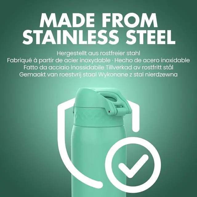 Alt view image 6 of 7 - Ion8 Kids Water Bottle, Steel 400 ml/13 oz, Leak Proof, Easy to Open, Secure Lock, Dishwasher Safe, Flip Cover, Carry Handle, Easy Clean, Durable, Scratch Resistant, Carbon Neutral, Teal Green