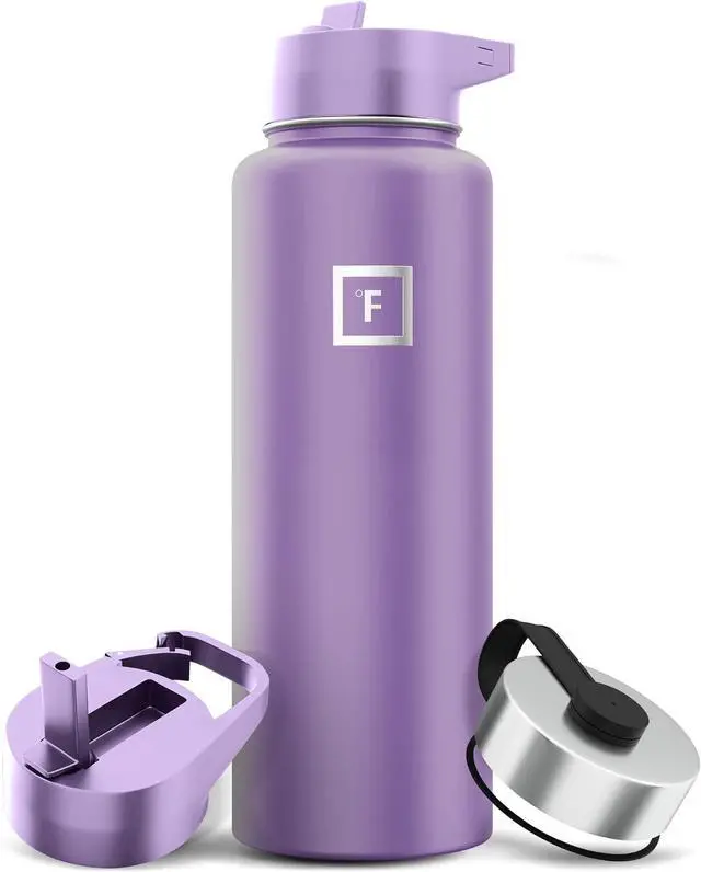 Main image of IRON °FLASK Camping & Hiking Hydration Flask with 3 Lids - Stainless Steel, Double Walled & Vacuum Insulated Water Bottle - Leak Proof & BPA Free (Lavender, Straw - 40 oz)