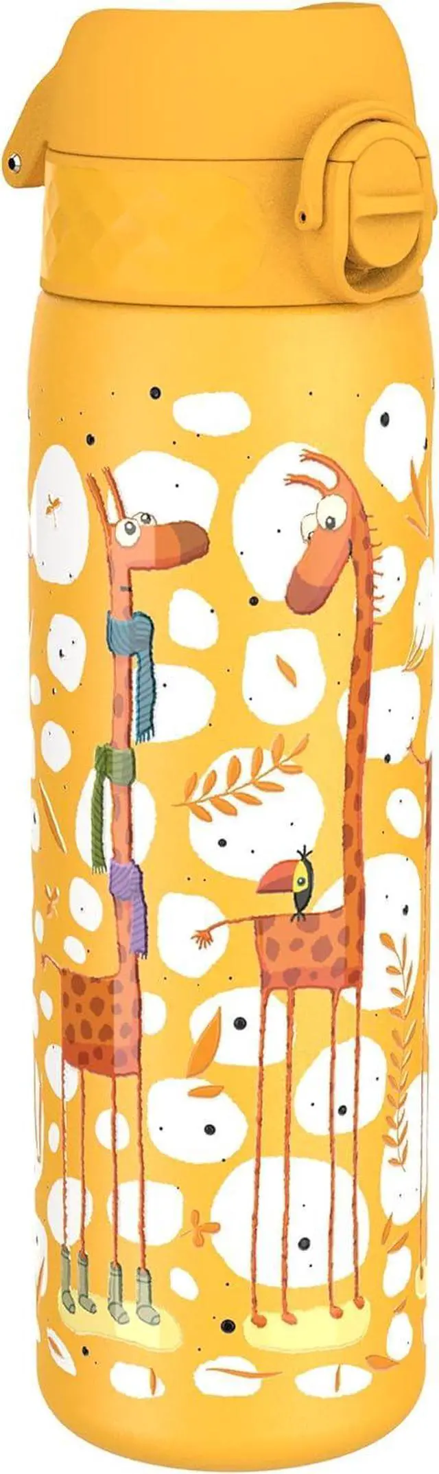 Main image of Ion8 Steel Water Bottle, 600 ml/20 oz, Leak Proof, Easy to Open, Secure Lock, Dishwasher Safe, Flip Cover, Fits Cup Holders, Carry Handle, Durable, Scratch Resistant, Raised Print, Giraffes Design