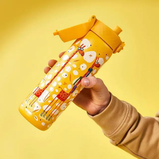 Alt view image 3 of 7 - Ion8 Steel Water Bottle, 600 ml/20 oz, Leak Proof, Easy to Open, Secure Lock, Dishwasher Safe, Flip Cover, Fits Cup Holders, Carry Handle, Durable, Scratch Resistant, Raised Print, Giraffes Design