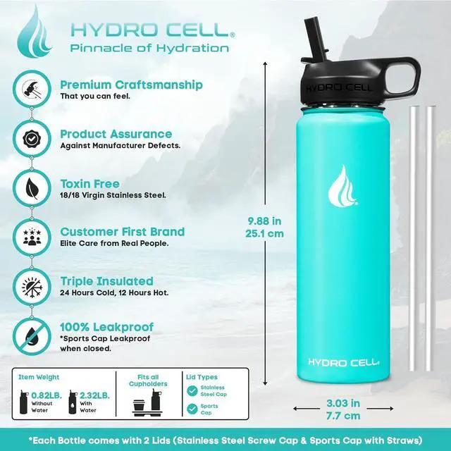 Alt view image 3 of 7 - HYDRO CELL Stainless Steel Insulated Water Bottle with Straw - For Cold & Hot Drinks - Metal Vacuum Flask with Screw Cap and Modern Leakproof Sport Thermos for Kids & Adults (Teal 24oz)