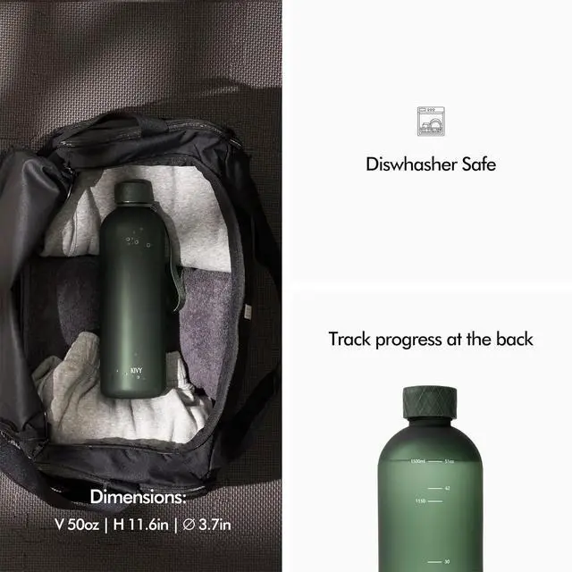 Alt view image 5 of 7 - KIVY Large Water Bottle 50oz [Lightweight & Shatterproof] Fits Backpack & Cupholder for Travel, Sports, School - Dark Green water bottle no straw - 1.5 Liter water bottles - 50oz Water bottle