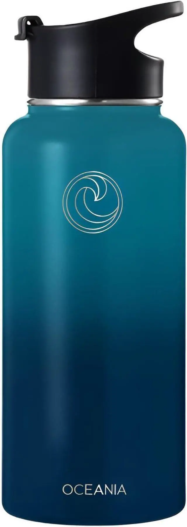 Alt view image 4 of 6 - Oceania Flask 32oz Stainless Steel Water Bottles | Modern, Leakproof, Hydro BPA-Free, Insulated Water Bottle with 3 Lids, 3 Straws & 2 Straw Cleaning Brushes | Simple Camping & Hiking Water Bottle