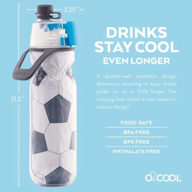 Alt view image 5 of 7 - O2COOL Mist 'N Sip Misting Water Bottle 2-in-1 Mist And Sip Function With No Leak Pull Top Spout Reusable Sports Water Bottle - 20 oz (2 Pack Soccer)