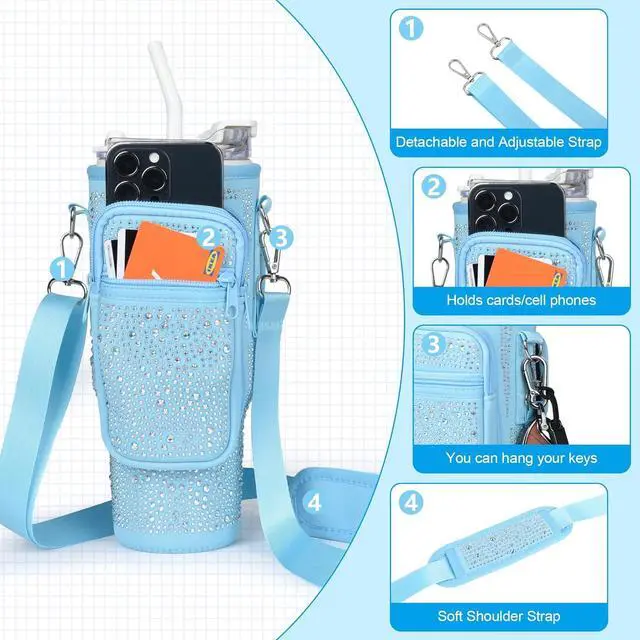 Alt view image 2 of 7 - Bling Diamond Water Bottle Carrier Bag with Phone Pocket for Stanley 40/30 oz Tumbler with Card Holder,Neoprene Water Bottle Holder Pouch with Adjustable Strap for Stanley Cup Accessories