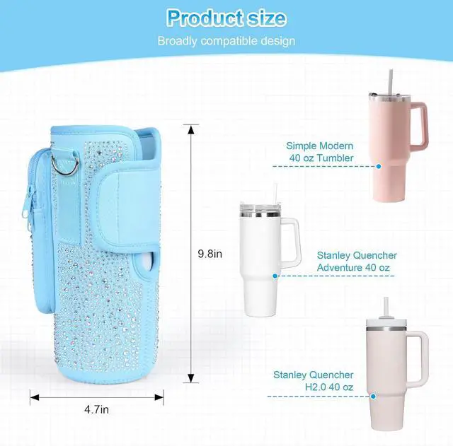 Alt view image 3 of 7 - Bling Diamond Water Bottle Carrier Bag with Phone Pocket for Stanley 40/30 oz Tumbler with Card Holder,Neoprene Water Bottle Holder Pouch with Adjustable Strap for Stanley Cup Accessories