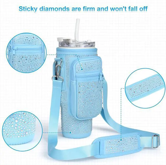 Alt view image 4 of 7 - Bling Diamond Water Bottle Carrier Bag with Phone Pocket for Stanley 40/30 oz Tumbler with Card Holder,Neoprene Water Bottle Holder Pouch with Adjustable Strap for Stanley Cup Accessories