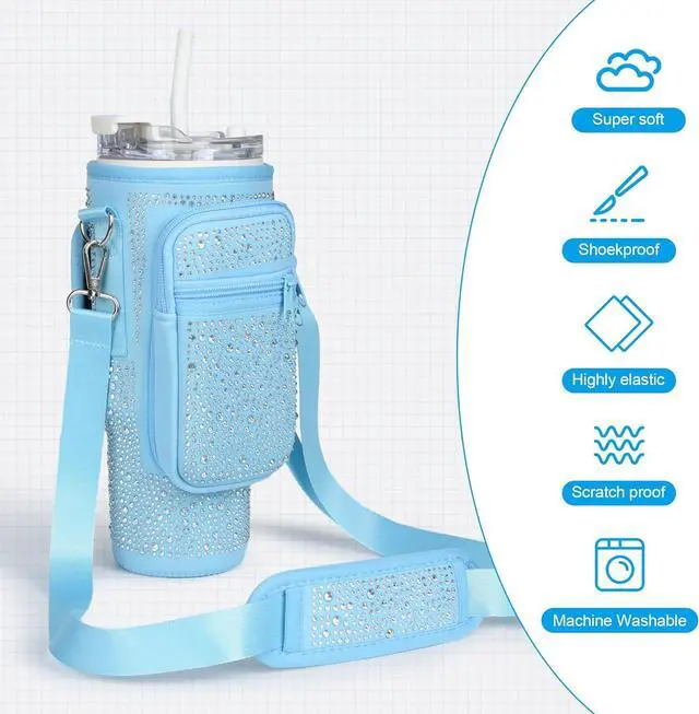 Alt view image 5 of 7 - Bling Diamond Water Bottle Carrier Bag with Phone Pocket for Stanley 40/30 oz Tumbler with Card Holder,Neoprene Water Bottle Holder Pouch with Adjustable Strap for Stanley Cup Accessories