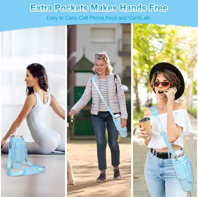 Alt view image 6 of 7 - Bling Diamond Water Bottle Carrier Bag with Phone Pocket for Stanley 40/30 oz Tumbler with Card Holder,Neoprene Water Bottle Holder Pouch with Adjustable Strap for Stanley Cup Accessories