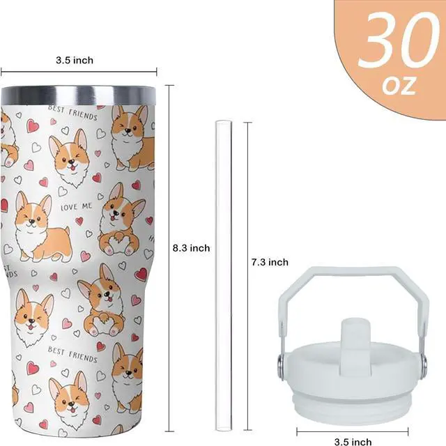 Alt view image 2 of 7 - 30 oz Corgi Coffee Tumbler with Handle and Straw, Dog Lovers Stainless Steel Insulated Cup with Flip Straw,Travel Coffee Mug Water Bottle,Christmas Birthday Mothers Day Gifts for Women Animal Lovers