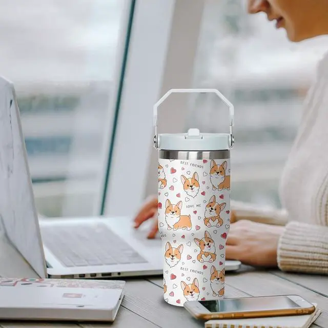 Alt view image 6 of 7 - 30 oz Corgi Coffee Tumbler with Handle and Straw, Dog Lovers Stainless Steel Insulated Cup with Flip Straw,Travel Coffee Mug Water Bottle,Christmas Birthday Mothers Day Gifts for Women Animal Lovers