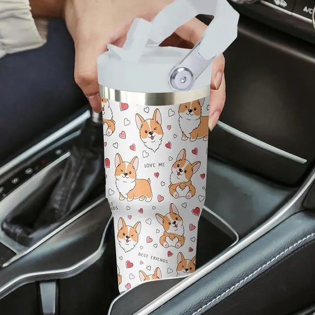 Alt view image 7 of 7 - 30 oz Corgi Coffee Tumbler with Handle and Straw, Dog Lovers Stainless Steel Insulated Cup with Flip Straw,Travel Coffee Mug Water Bottle,Christmas Birthday Mothers Day Gifts for Women Animal Lovers