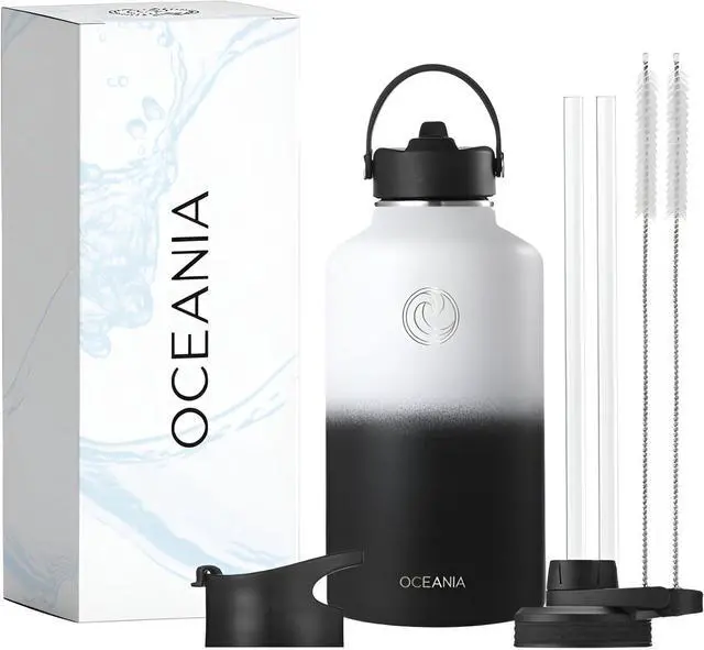 Main image of Oceania Flask 64oz Stainless Steel Water Bottles | Modern, Leakproof, Hydro BPA-Free, Insulated Water Bottle with 3 Lids, 3 Straws & 2 Straw Cleaning Brushes | Simple Camping & Hiking Water Bottles