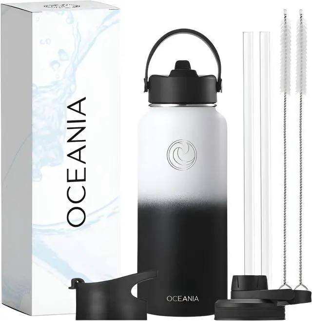 Main image of Flask 32oz Stainless Steel Water Bottles | Modern Leakproof Hydro BPA-Free Insulated Water Bottle with 3 Lids 3 Straws & 2 Straw Cleaning Brushes | Simple Camping & Hiking Water Bottles