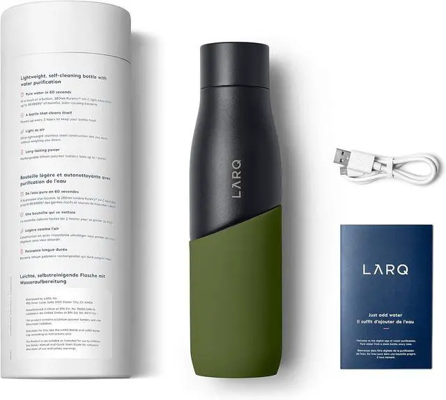 Alt view image 5 of 7 - LARQ Bottle Movement PureVis 24 oz- Lightweight Self-Cleaning and Non-Insulated Stainless Steel Water Bottle with UV Water Purifier | Reusable & Travel Friendly, Black/Pine