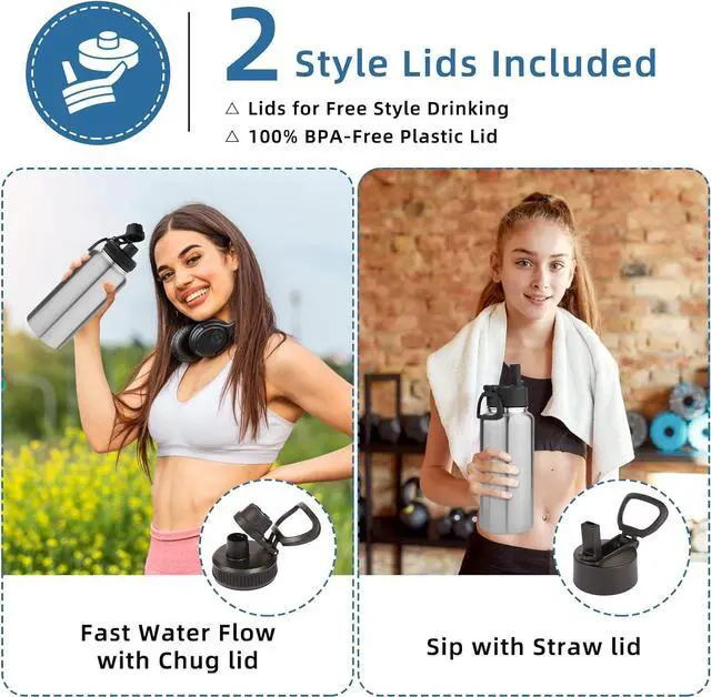 Alt view image 2 of 7 - Volhoply 32 oz Water Bottles Bulk 4 Pack with Straw Lid & Spout Lid,Insulated Sports Water Bottle,Double Wall Vacuum Stainless Steel Cups,Leakproof Wide Mouth Metal Flask for Travel(Silver,4)