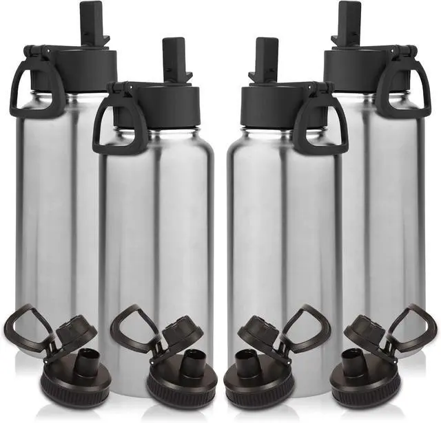 Main image of Volhoply 32 oz Water Bottles Bulk 4 Pack with Straw Lid & Spout Lid,Insulated Sports Water Bottle,Double Wall Vacuum Stainless Steel Cups,Leakproof Wide Mouth Metal Flask for Travel(Silver,4)