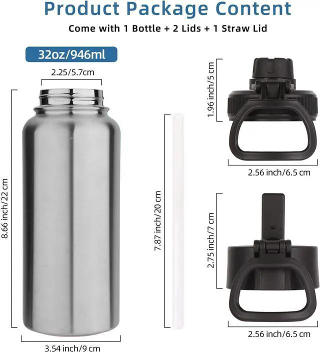 Alt view image 4 of 7 - Volhoply 32 oz Water Bottles Bulk 4 Pack with Straw Lid & Spout Lid,Insulated Sports Water Bottle,Double Wall Vacuum Stainless Steel Cups,Leakproof Wide Mouth Metal Flask for Travel(Silver,4)