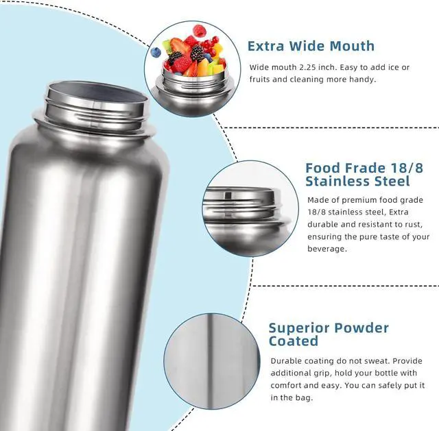 Alt view image 5 of 7 - Volhoply 32 oz Water Bottles Bulk 4 Pack with Straw Lid & Spout Lid,Insulated Sports Water Bottle,Double Wall Vacuum Stainless Steel Cups,Leakproof Wide Mouth Metal Flask for Travel(Silver,4)