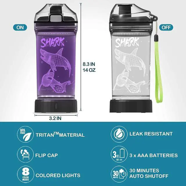 Alt view image 7 of 7 - YuanDian Shark Gifts, Light Up Kids Water Bottle with 3D Ocean Animal Shark Design- 14 OZ Tritan BPA Free - Cool Drinking Cups Gift for School Kids Baby Boy Girl Child Christmas Holiday