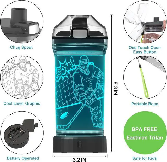 Alt view image 6 of 7 - Lightzz Kids Water Bottle with 3D Glowing Hockey LED Light - 14 OZ Tritan BPA Free - Creative Ideal Travel Cup Gift for School Kid Boy Child Holiday Camping