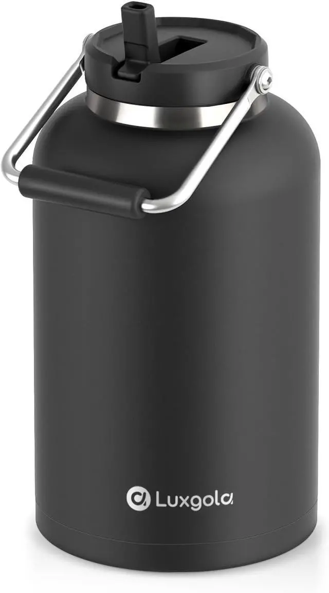 Main image of 128 oz Insulated Water Jug with Straw Lid and Handle, One Gallon Stainless Steel Large Double Vacuum Water Bottle for Hot & Cold Drinks - Sweat Proof, Great for Travel, Hiking, Camping - Black