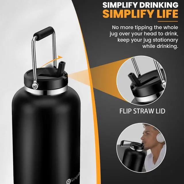 Alt view image 3 of 7 - 128 oz Insulated Water Jug with Straw Lid and Handle, One Gallon Stainless Steel Large Double Vacuum Water Bottle for Hot & Cold Drinks - Sweat Proof, Great for Travel, Hiking, Camping - Black
