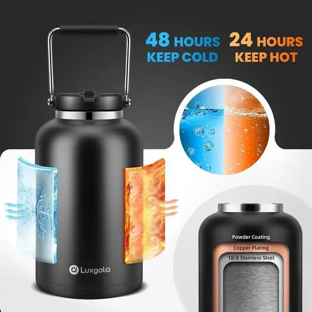 Alt view image 2 of 7 - 128 oz Insulated Water Jug with Straw Lid and Handle, One Gallon Stainless Steel Large Double Vacuum Water Bottle for Hot & Cold Drinks - Sweat Proof, Great for Travel, Hiking, Camping - Black