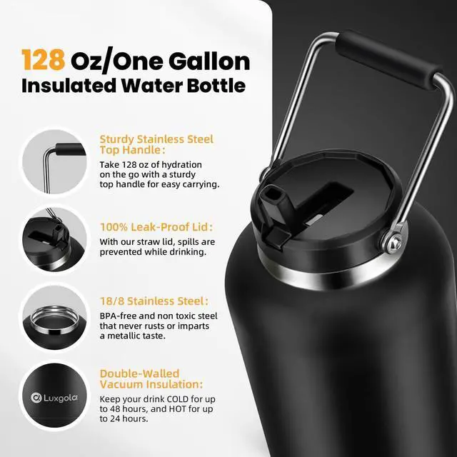 Alt view image 7 of 7 - 128 oz Insulated Water Jug with Straw Lid and Handle, One Gallon Stainless Steel Large Double Vacuum Water Bottle for Hot & Cold Drinks - Sweat Proof, Great for Travel, Hiking, Camping - Black